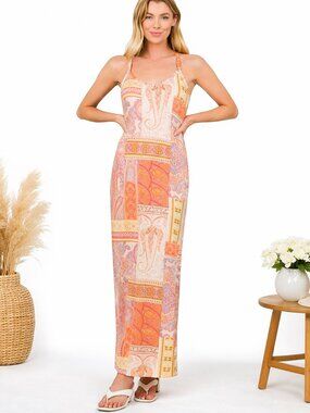 Fitted Maxi Dress Women's Sleeveless Summer Vacation Bodycon Pink Orange